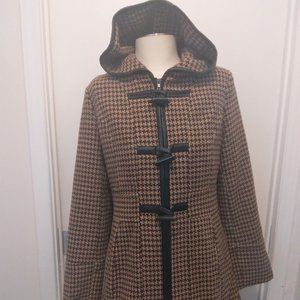 ADORN Brown Multicolor w/ Black Faux Leather Trim Hooded Toggle & Zip Pea Coat M